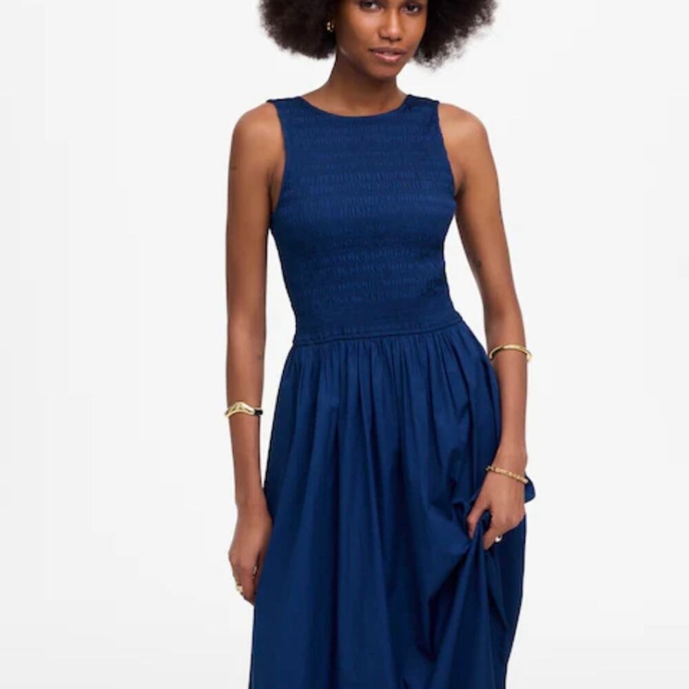 NWT Madewell Melody Smocked Midi Dress XS | Blue Moon Cotton Poplin Pockets - Picture 2 of 12